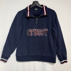 Stussy Half-Zip Sweatshirt Mens Small Collegiate Logo Pullover Navy Streetwear